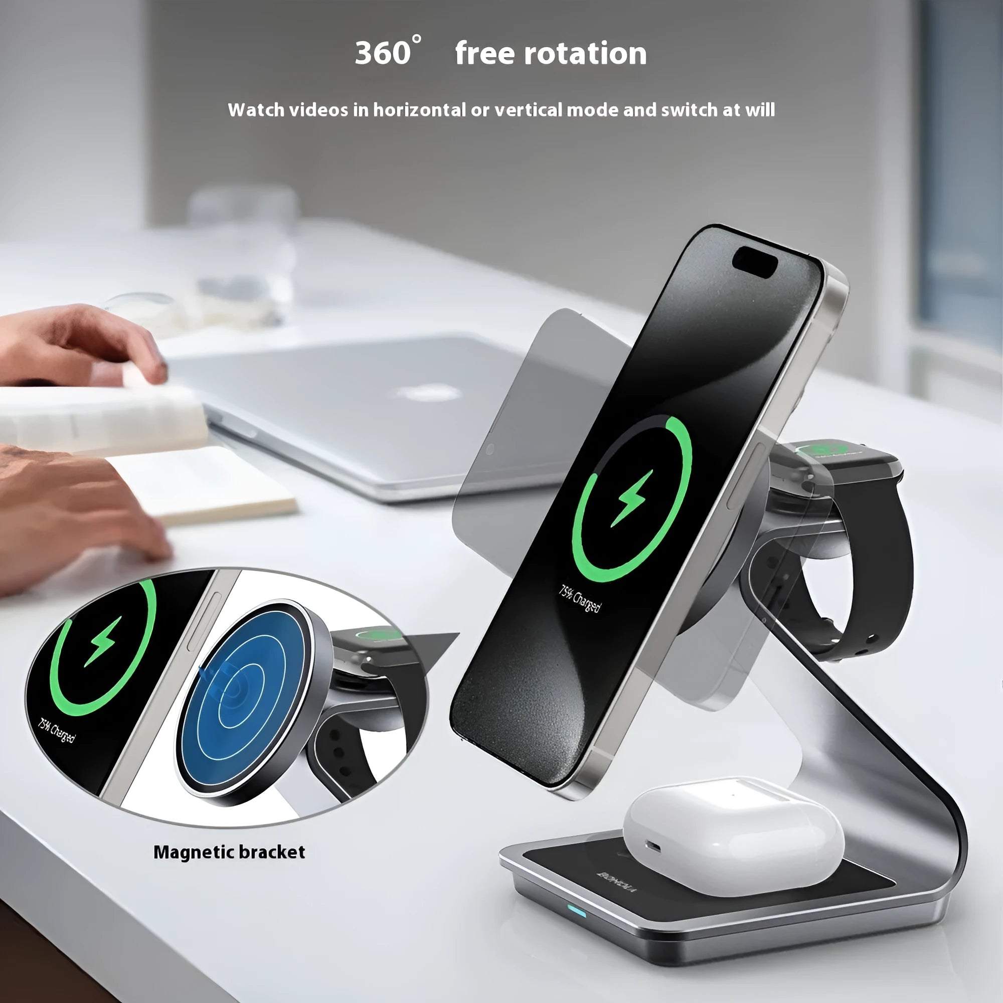 3-in-1 metal magnetic wireless charger stand charging iPhone, Apple Watch and AirPods on desk