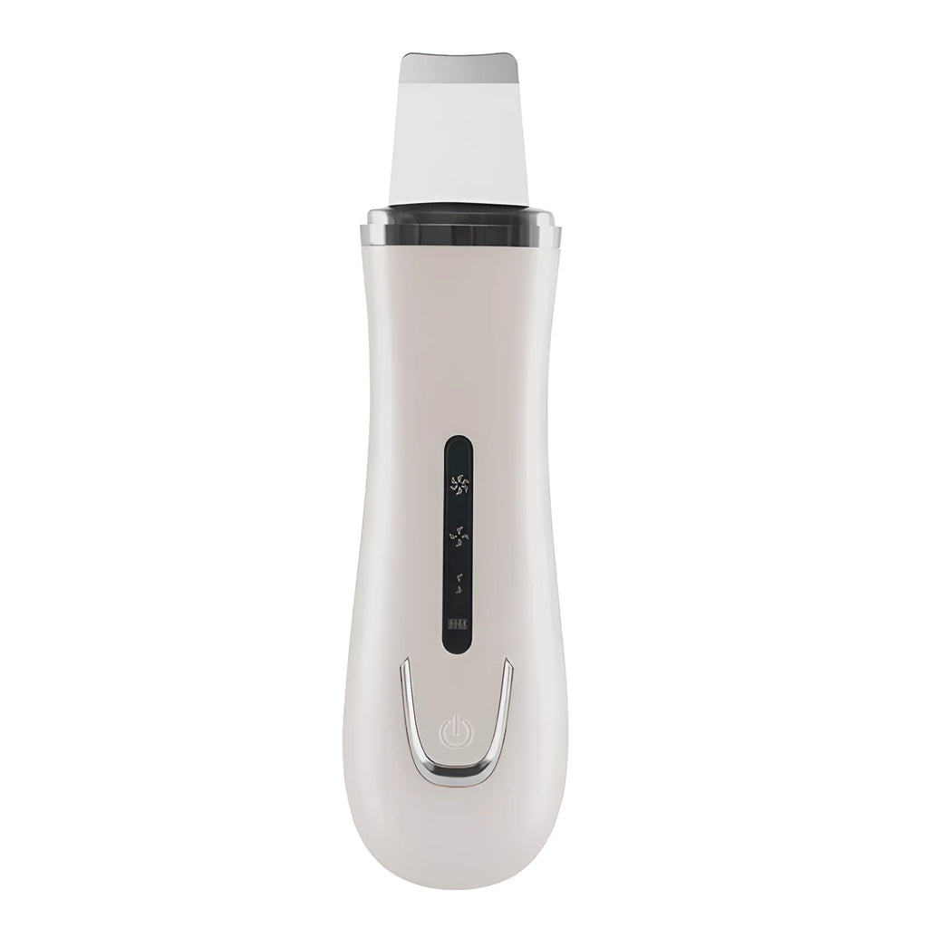 White ultrasonic ion cleaning machine with stainless steel head and compact body for pore cleaning and blackhead removal