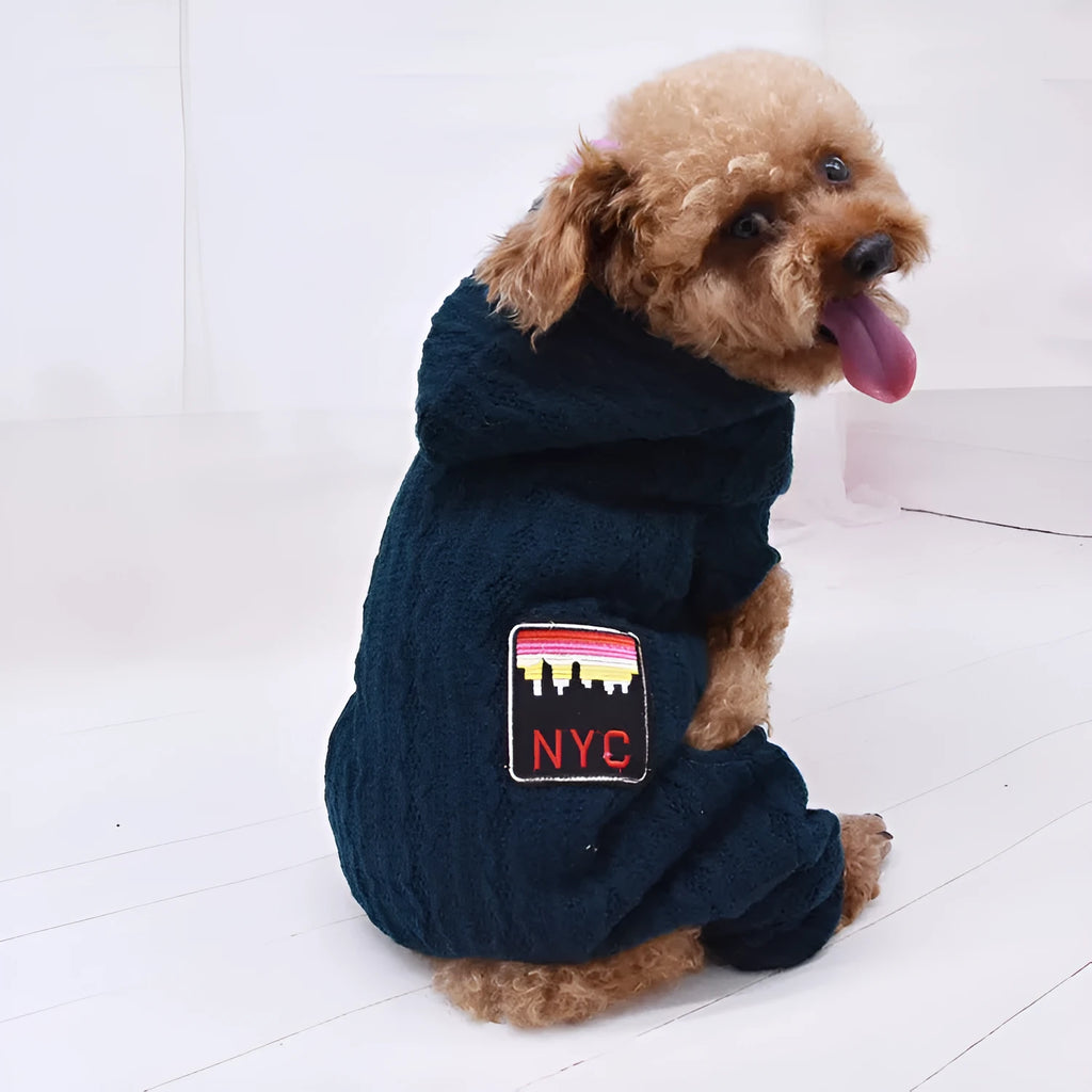 Four-legged wool pet jumper with velvet lining in green, grey, or red, sizes S to XXL