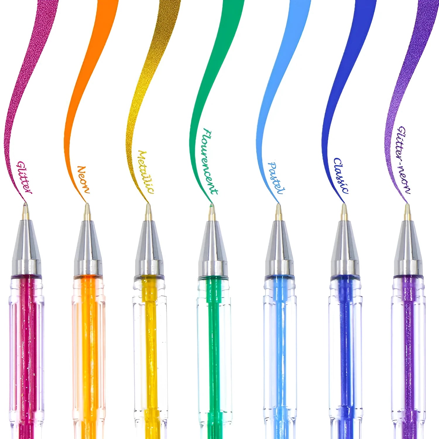 Set of 100 assorted colour gel pens and highlighter pens with plastic barrels on a white background.