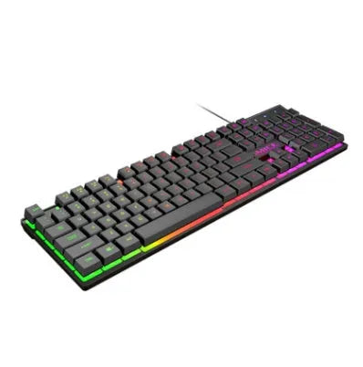 Black USB wired backlit gaming keyboard with frosted keycaps on a desk.
