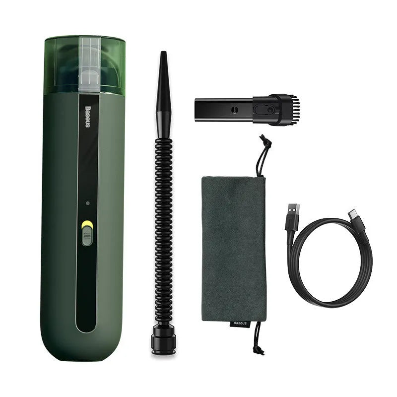 Starry sky black handheld car vacuum cleaner with a blowing hose attachment on a car seat.