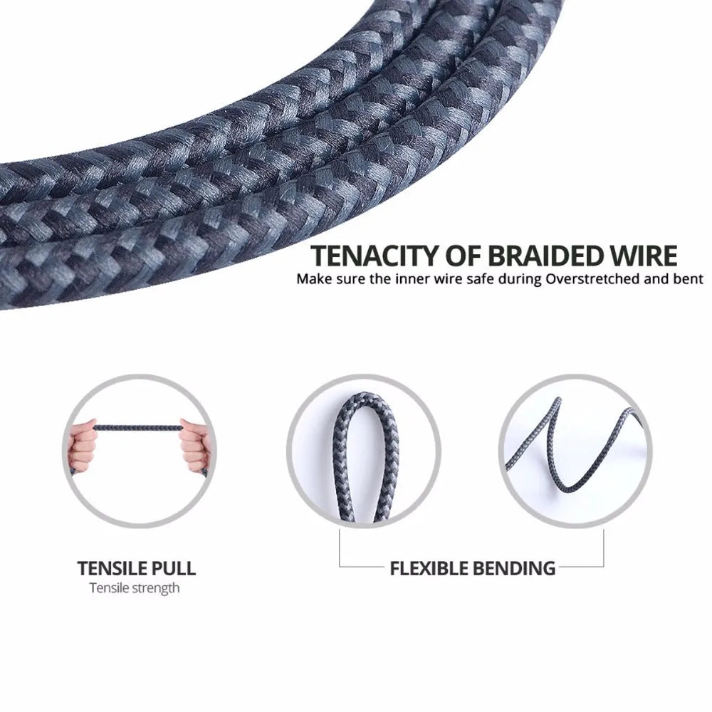 Fonken fast charging cable with pure oxygen-free copper core, woven exterior, black or white, 0.35m to 3m.