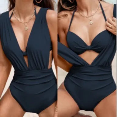 Women's wide shoulder strap high waist nylon bikini set in navy blue, sleeveless design for beach or pool