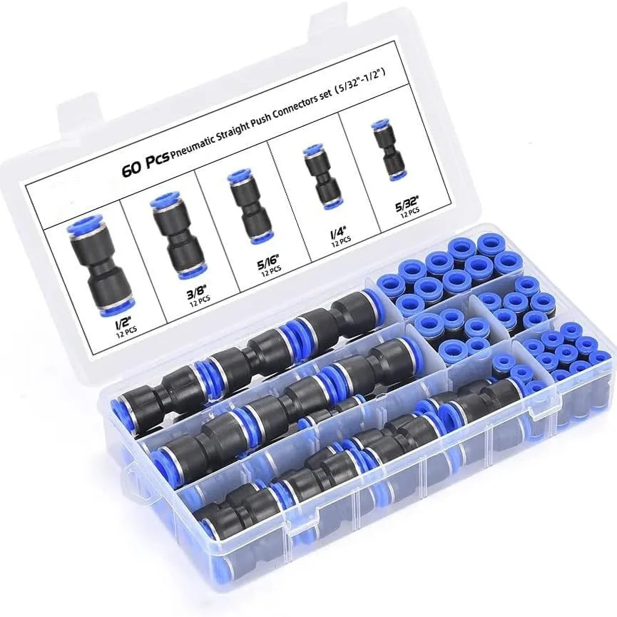 Set of 60 alloy plastic pneumatic push-in connectors with R1/4 and R1/2 fittings.