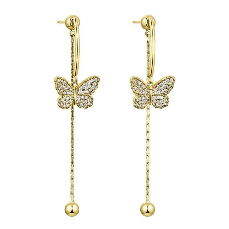 Alloy golden butterfly tassel earrings with electroplated finish for women