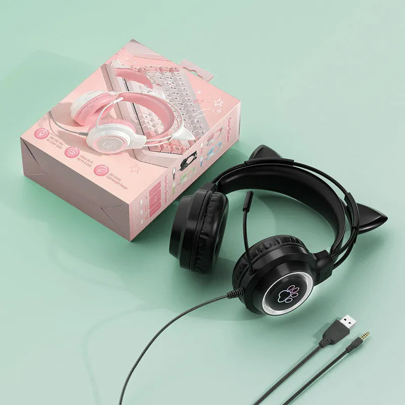 Esports cat ear gaming headset with protein cotton earmuffs and woven cable in pink colour