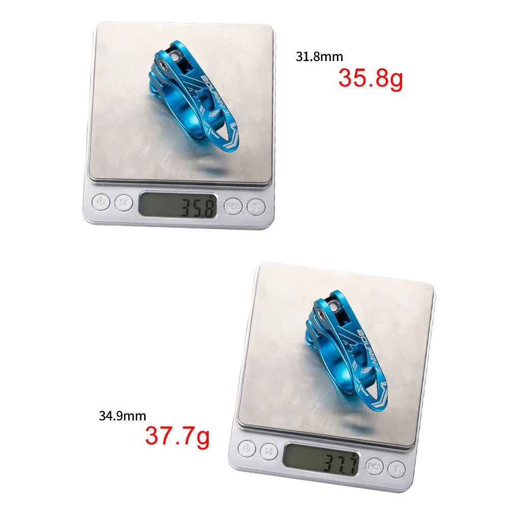 Aluminium mountain bicycle seat post clamp in black, blue, gold, or red colour options.