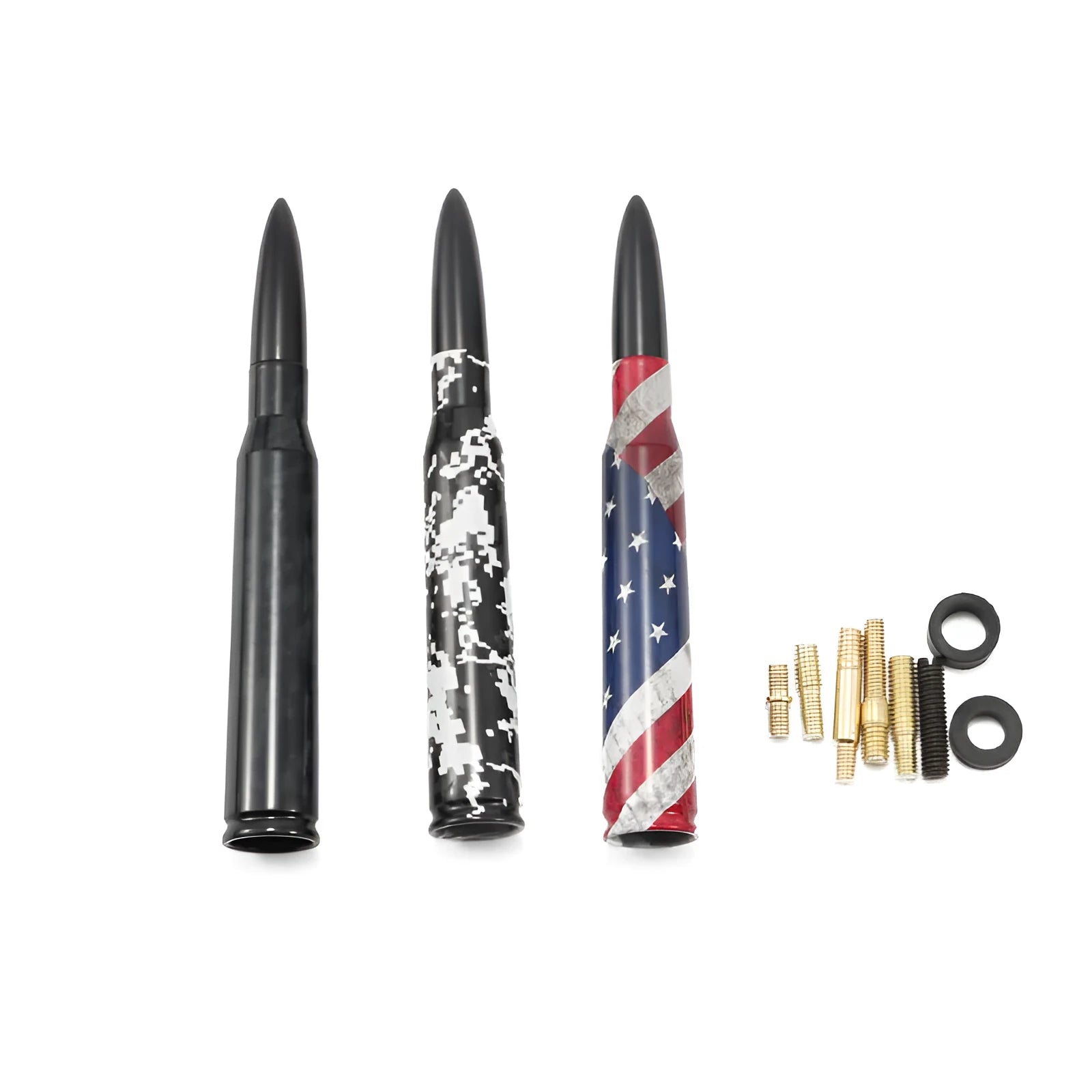 14cm car modified general antenna shown in colour black, camouflage green, and American flag finishes