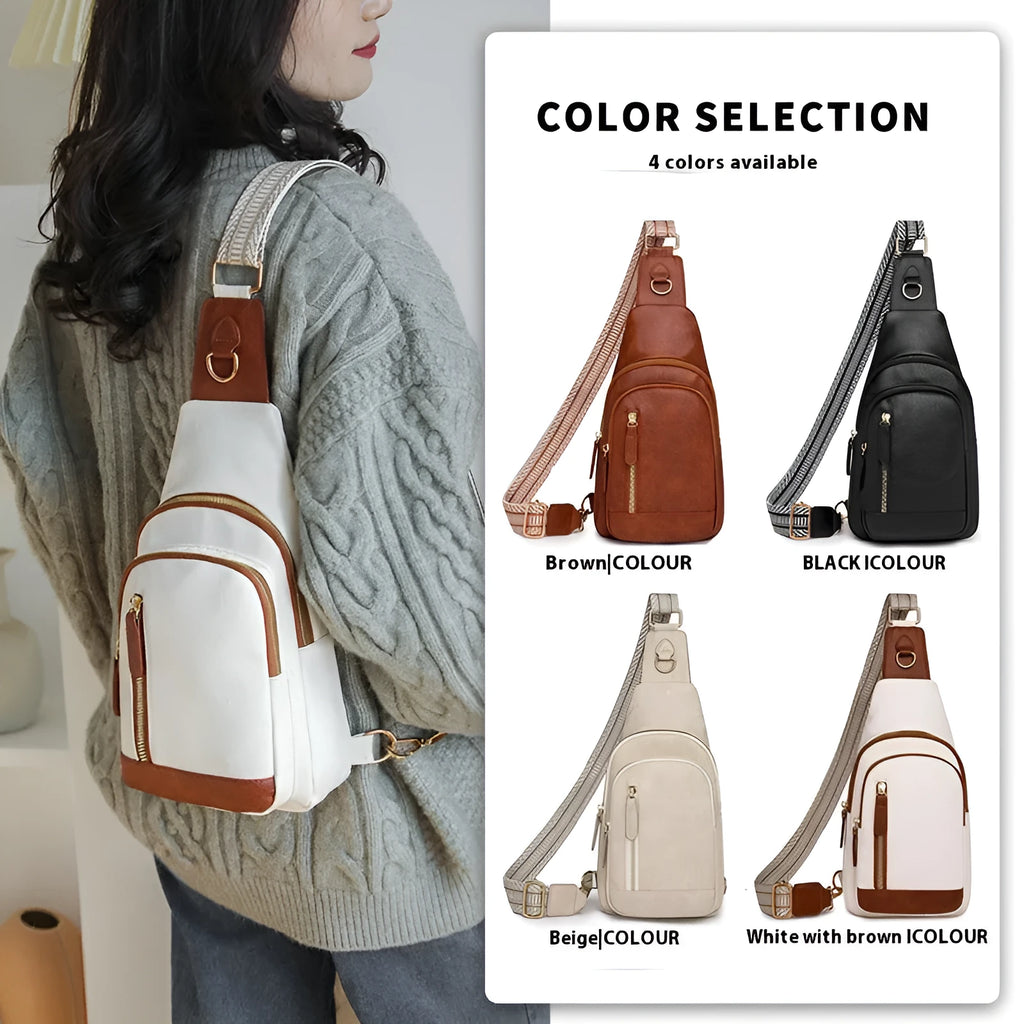Soft brown women's crossbody chest bag with open pocket and sewing thread detail