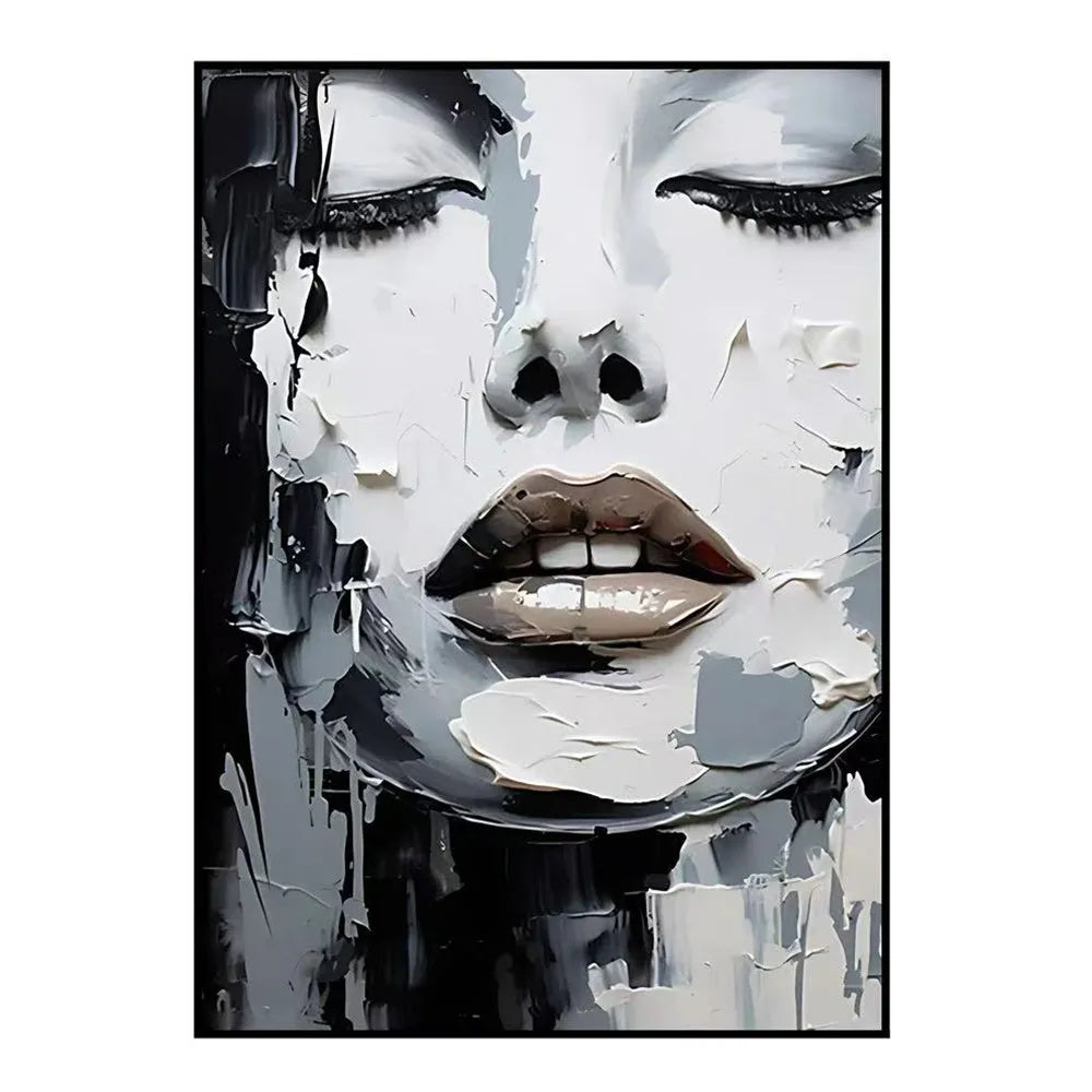 Handmade oil painting canvas black and white abstract knife painting portrait women home decor rolled frameless unstretched