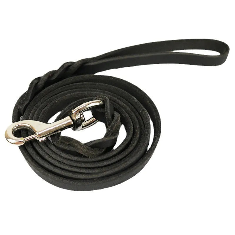 Light brown cowhide dog walking rope with leather hand loop, shown at full length.