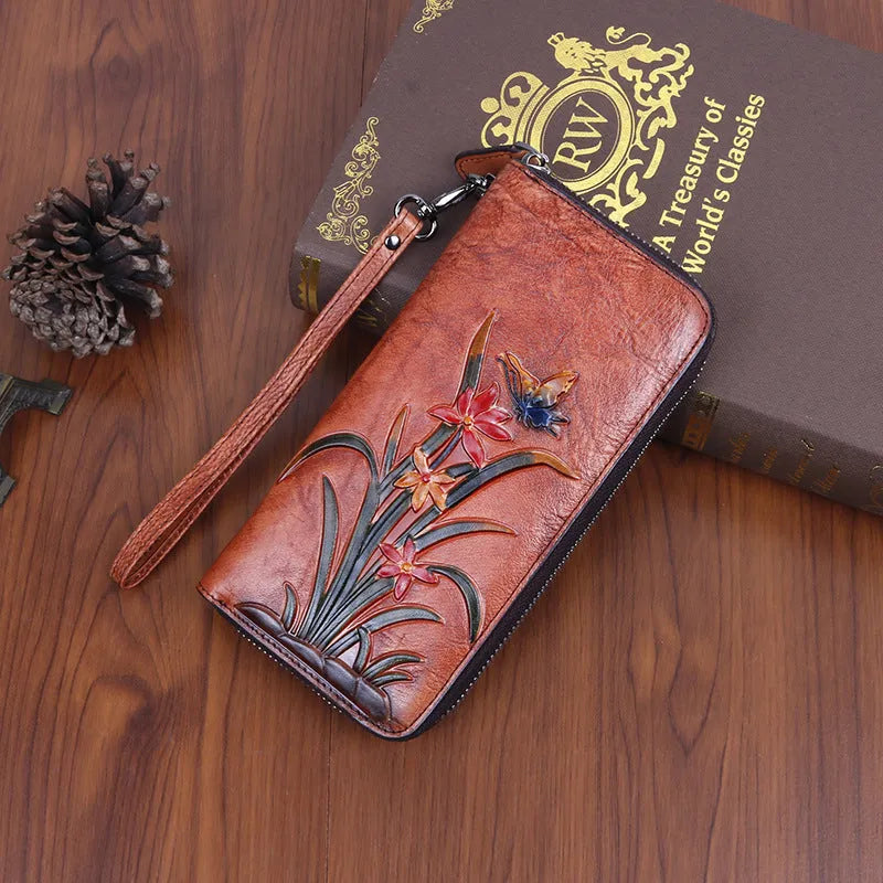 Retro genuine leather long clutch wallet with embossed flower pattern, multiple card slots, 20cm length, in retro coffee colour