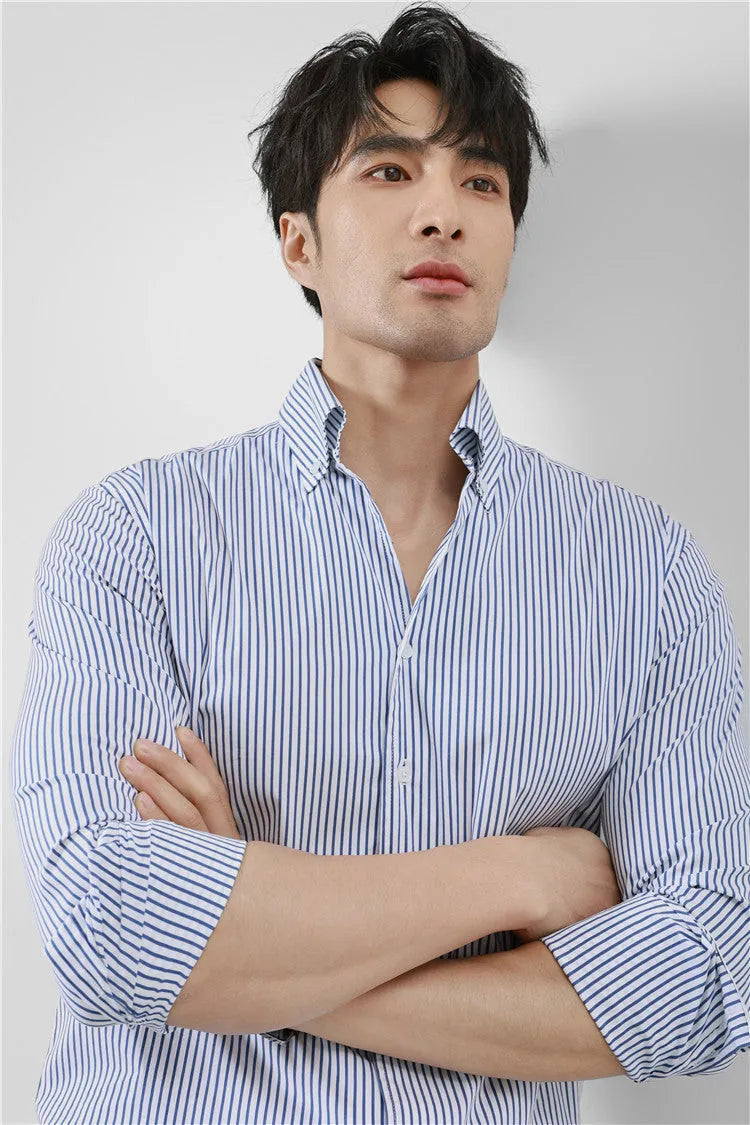 Men's striped V-neck long sleeve shirt, slim fit, stand collar, black or blue, sizes M to 3XL