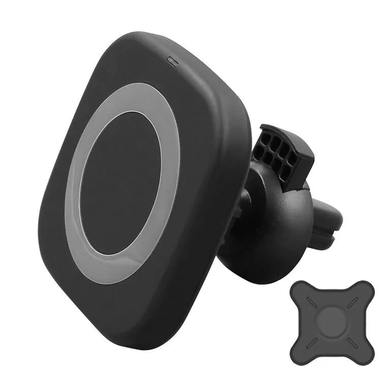 Grey mobile phone wireless charging stand with LED indicator on desk
