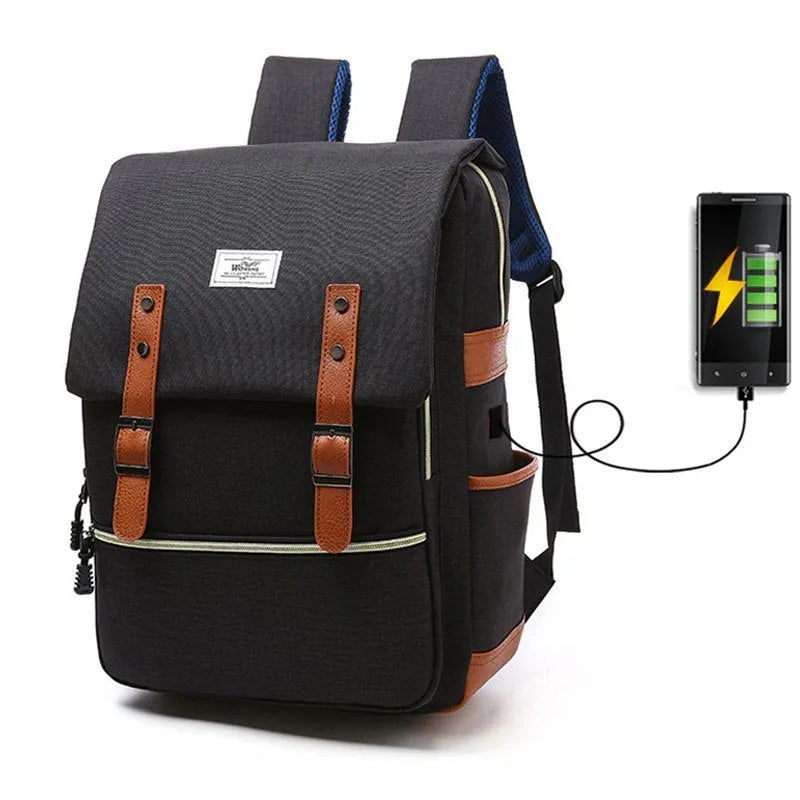 Vintage canvas backpack with USB charging in sapphire blue for school and travel