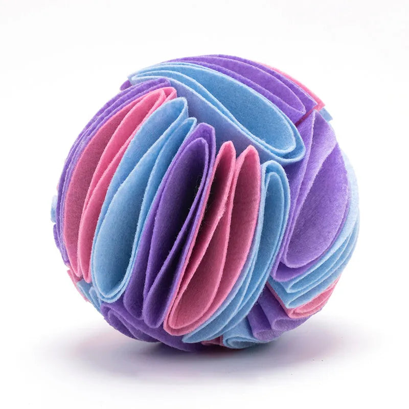 Foldable dog snuffle ball in polar fleece fabric, size L 20 cm, beige brown green colour, on a light background