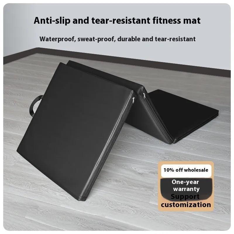 Three fold gymnastic mat in black, 180x60cm, non-slip surface for sit-ups and yoga