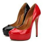 Plus size women's low-cut high heel pumps in black, round toe, PU upper, sizes 43-48
