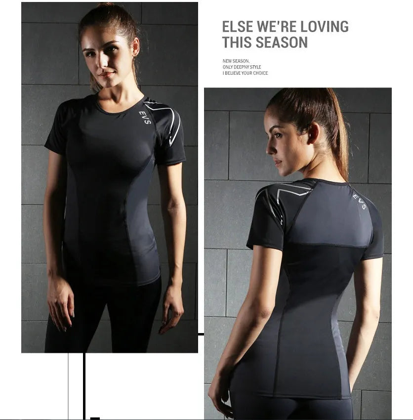Women's black compression short-sleeved top with stretch fabric, XS size, front view