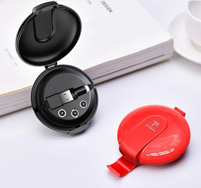Black 3-in-1 magnetic retractable charger with car mount patch and universal phone plugs