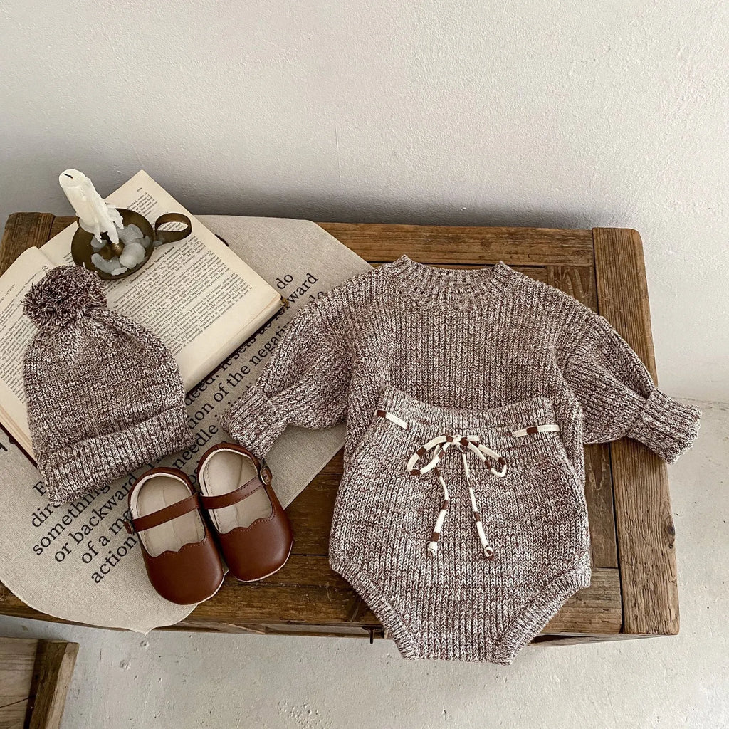 Infant baby girl cotton pullover 3-piece set in dark brown with fur ball hat and removable hood