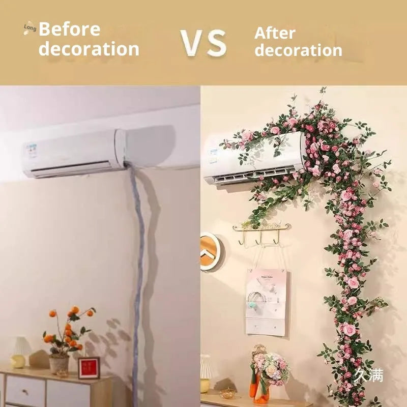 Artificial fake rose flower rattan for air conditioning pipe occlusion balcony decor with wire leaves and coloured lanterns