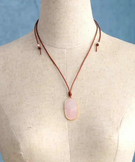 Natural stone pendant necklace with adjustable leather cord in Pink Crystal or WhitePine colour option