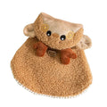 Christmas pet cape coat in granular velvet with tree-shaped hat, star, and D-ring, in green or khaki.