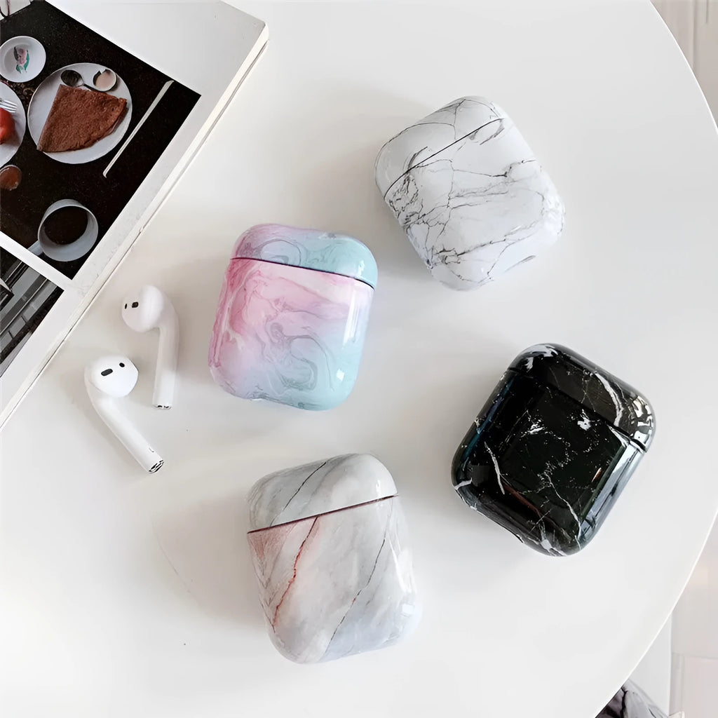 White marble hard PC protective case for Apple AirPods 1 and 2 charging box.