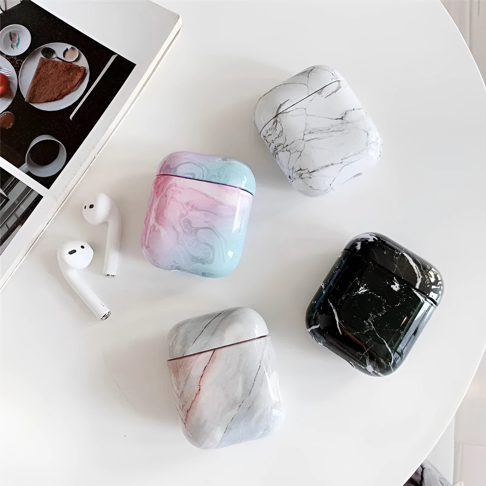 White marble hard PC protective case for Apple AirPods 1 and 2 charging box.