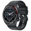 Black Bluetooth smartwatch with genuine leather strap and rotary key on a 1.3-inch screen