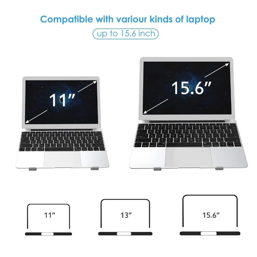 Black aluminium notebook stand supporting a silver laptop on a desk.