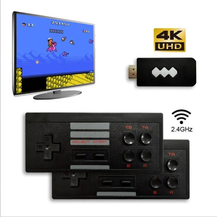 Black HD TV game console with two wireless controllers, 568 games, 4K HDMI output