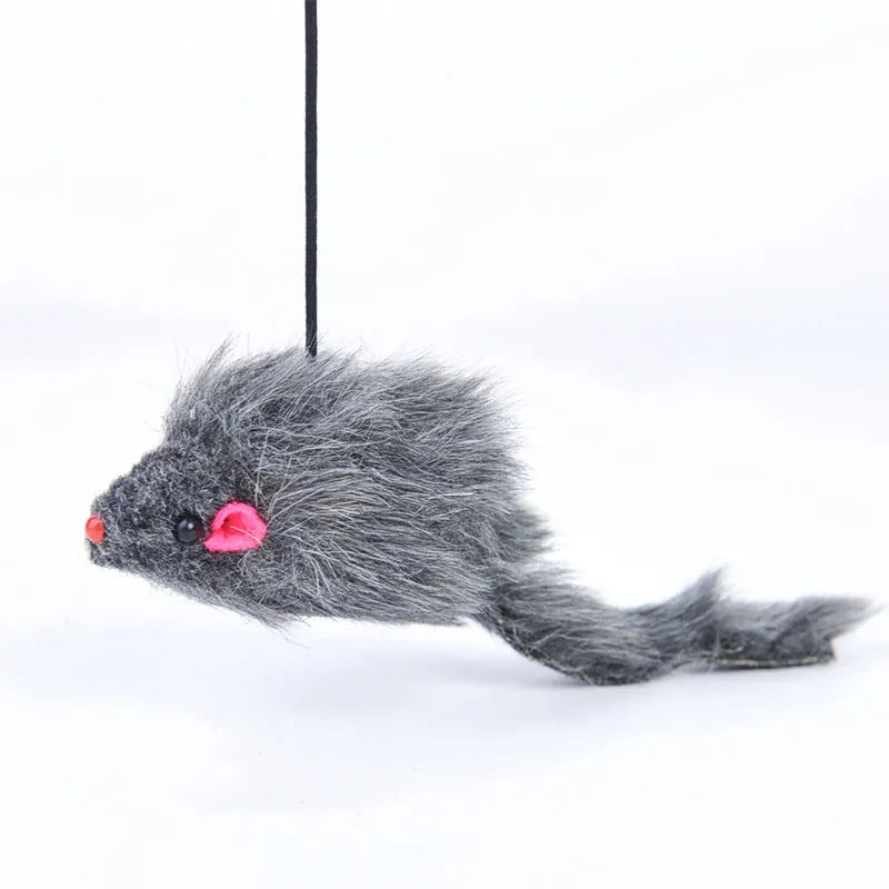 Hanging cat toy with plush mouse, 180cm elastic rope, adjustable buckle, and triangle hook in grey
