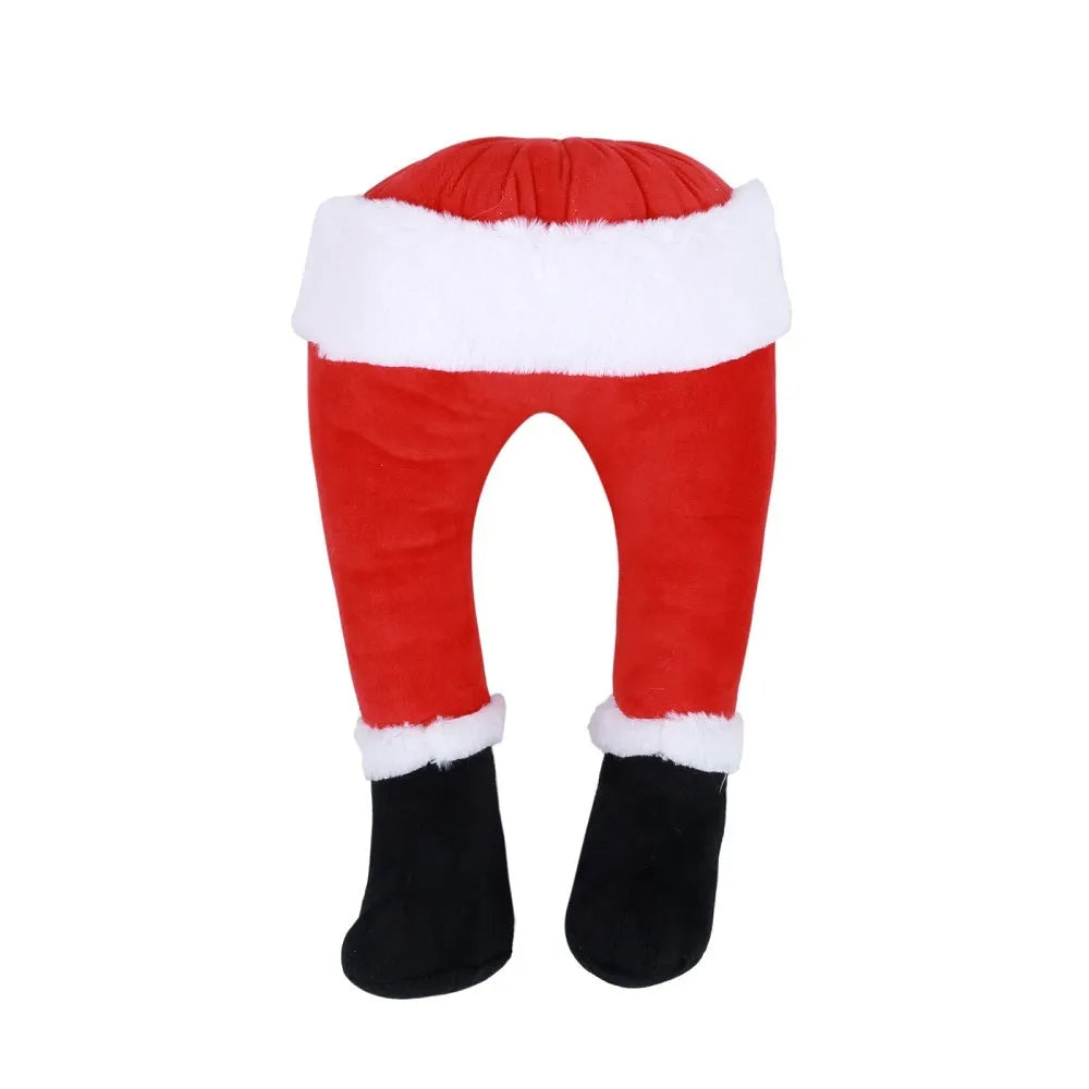Two white fabric elf legs decorating a Christmas garden display, overall length 38cm