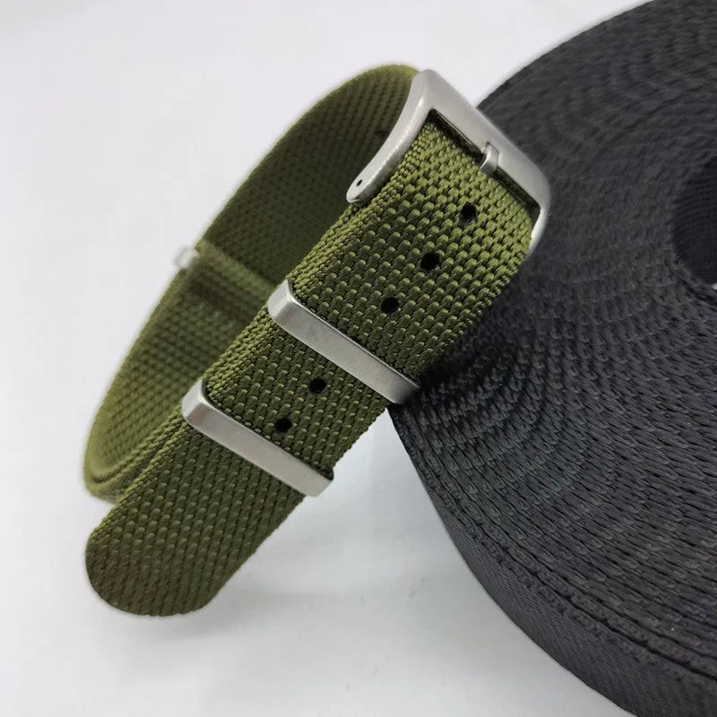 Nylon integrated replacement watch strap in Army Green colour showing the 20mm width.