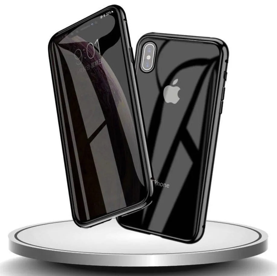 A closed clamshell phone case in blue glass with a geometric pattern, next to an iPhone showing the narrow viewing angle when open.