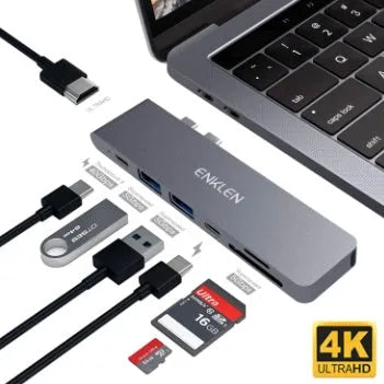 Aluminium USB C hub with seven ports including SD card reader, Thunderbolt 3, and 4K HDMI