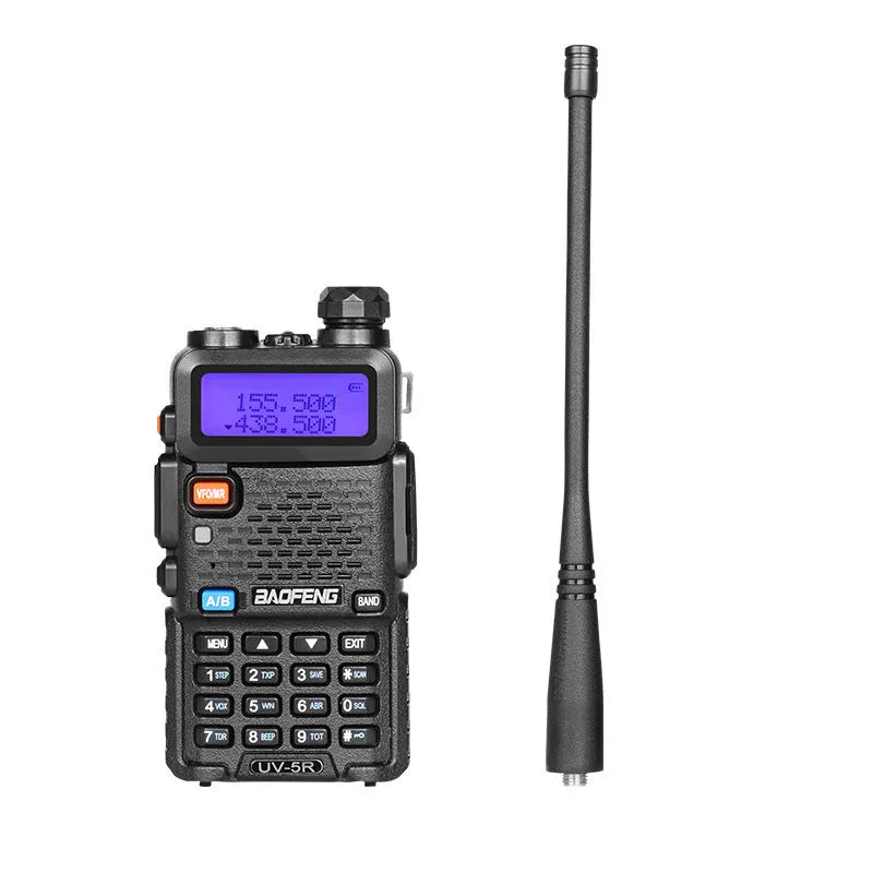 Black handheld walkie talkie with antenna, LCD display, and side buttons.
