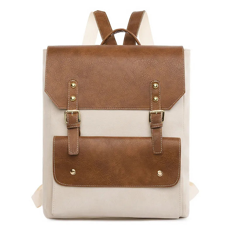 Soft retro style PU backpack shown in black, brown, creamy white, and dark brown colours