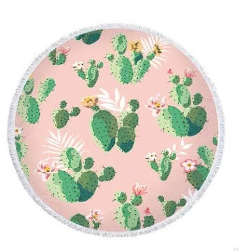 Round microfiber beach towel with oasis cactus pattern in style 1 on sand by the sea