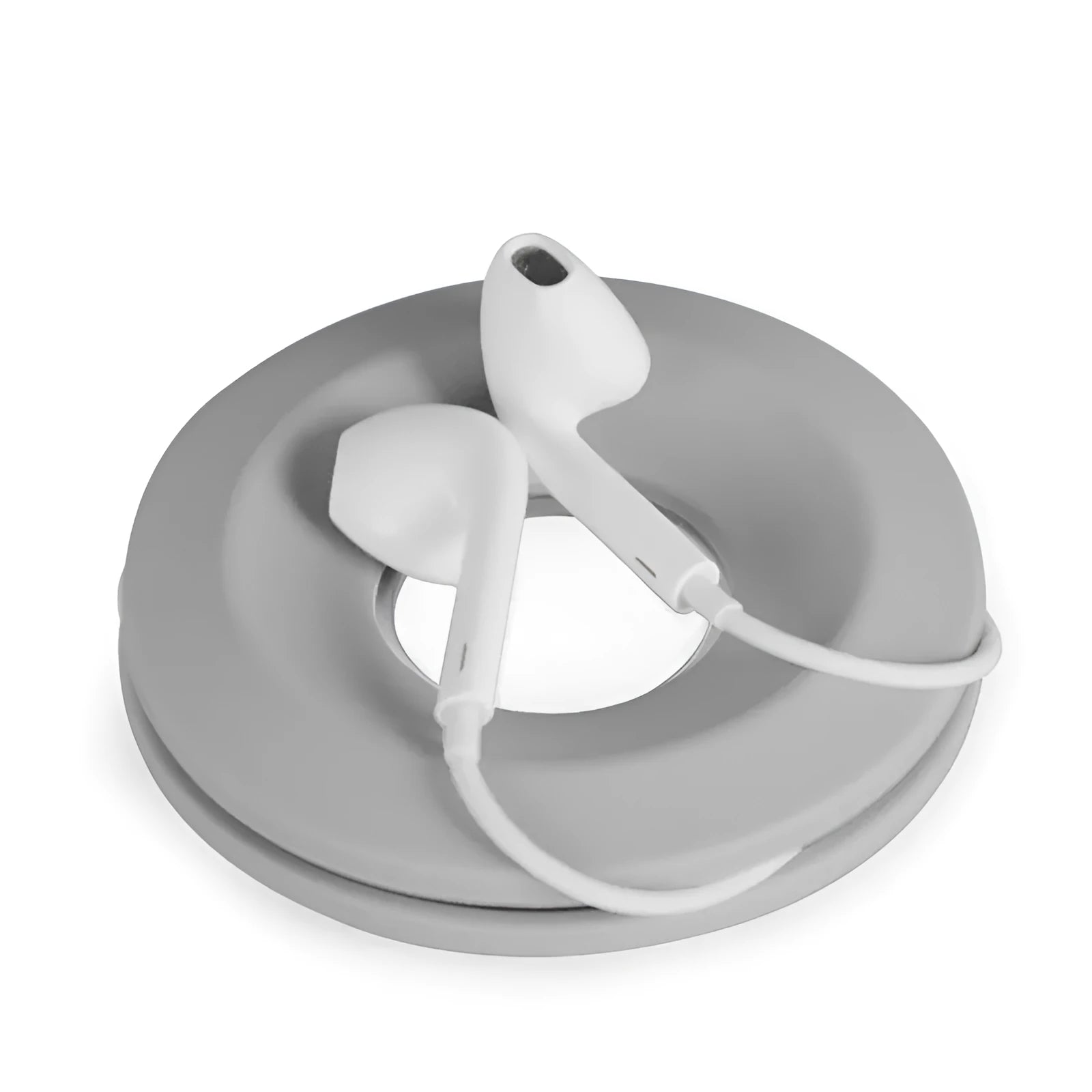 Silicone donut-shaped suction cup cord reel for organising phone and earphone cables