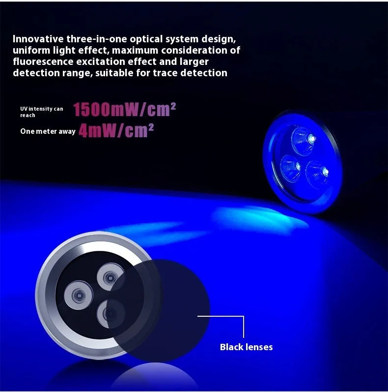 UV detection flashlight with aluminium alloy body showing USB Type-C charging port