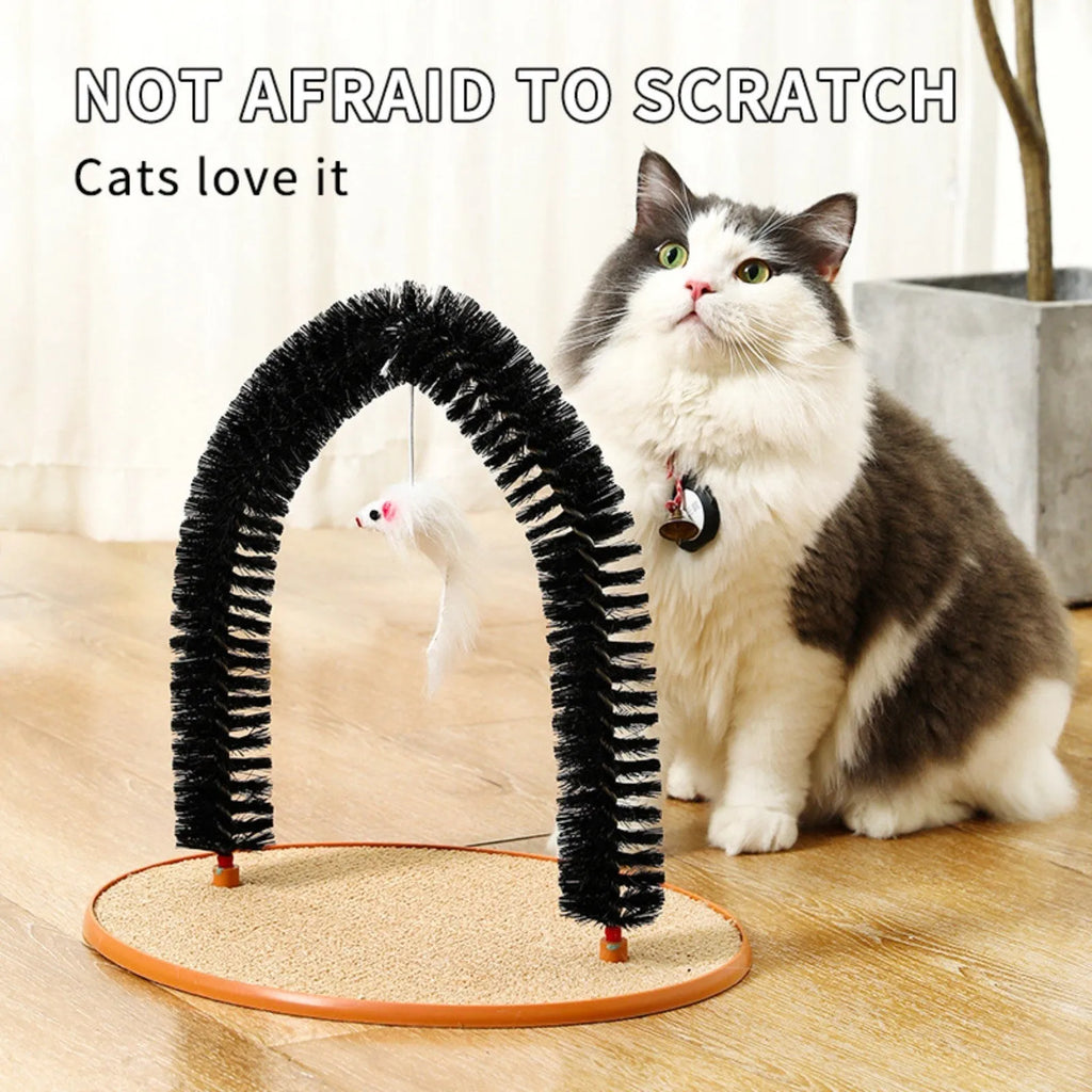 Black arch-shaped cat grooming brush with scratching surface and attached plush mouse toy on non-slip base