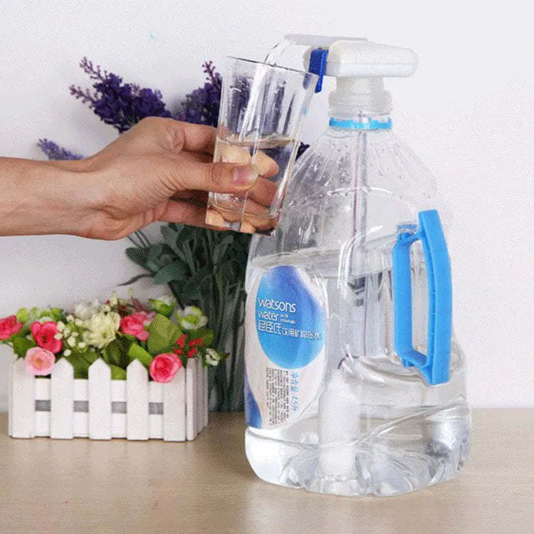 Electric beverage pump with blue press handle and a long white straw next to its colour box packaging.