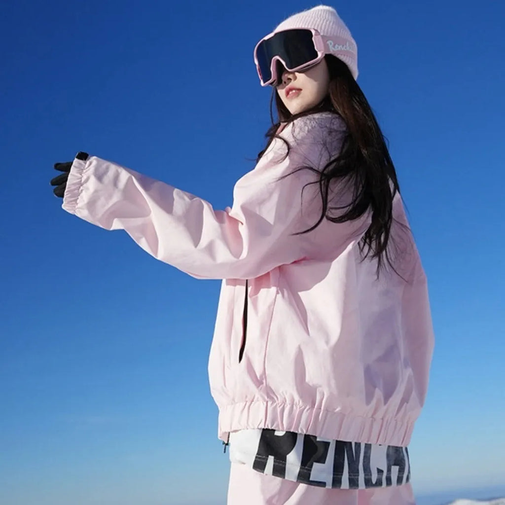 Outdoor waterproof winter ski suit set with coat and trousers in cotton blend fabric