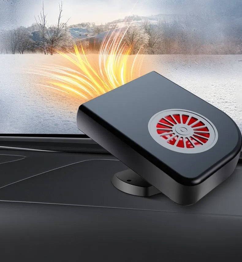 Black compact vehicle-mounted 12V car heater for defrosting and defogging windscreens.