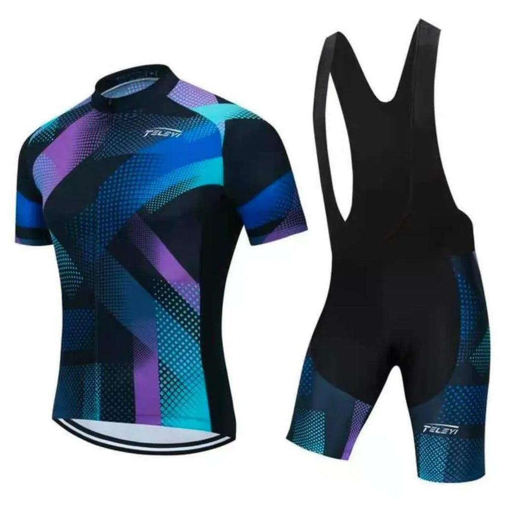 Cycling jersey and bib shorts set for men and women in a moisture-wicking fabric.