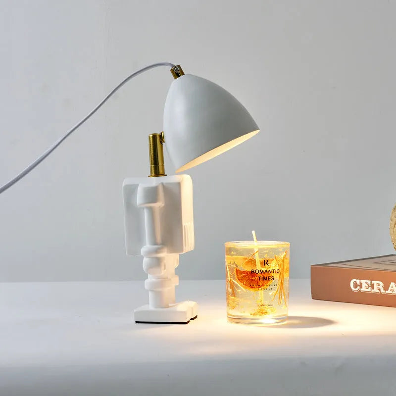 Robot aromatherapy wax lamp in white with resin hardware, dimmable fragrance table lamp 30.5cm tall